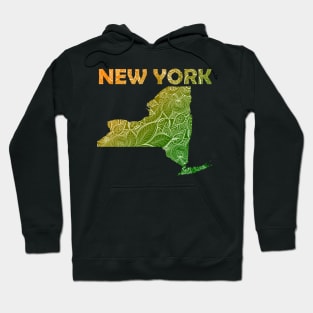 Colorful mandala art map of New York with text in green and orange Hoodie